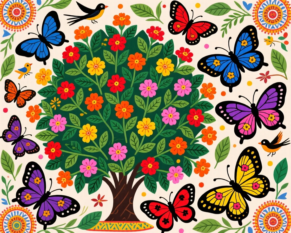 Butterflies gathering around a bush thick with blooming lantana.