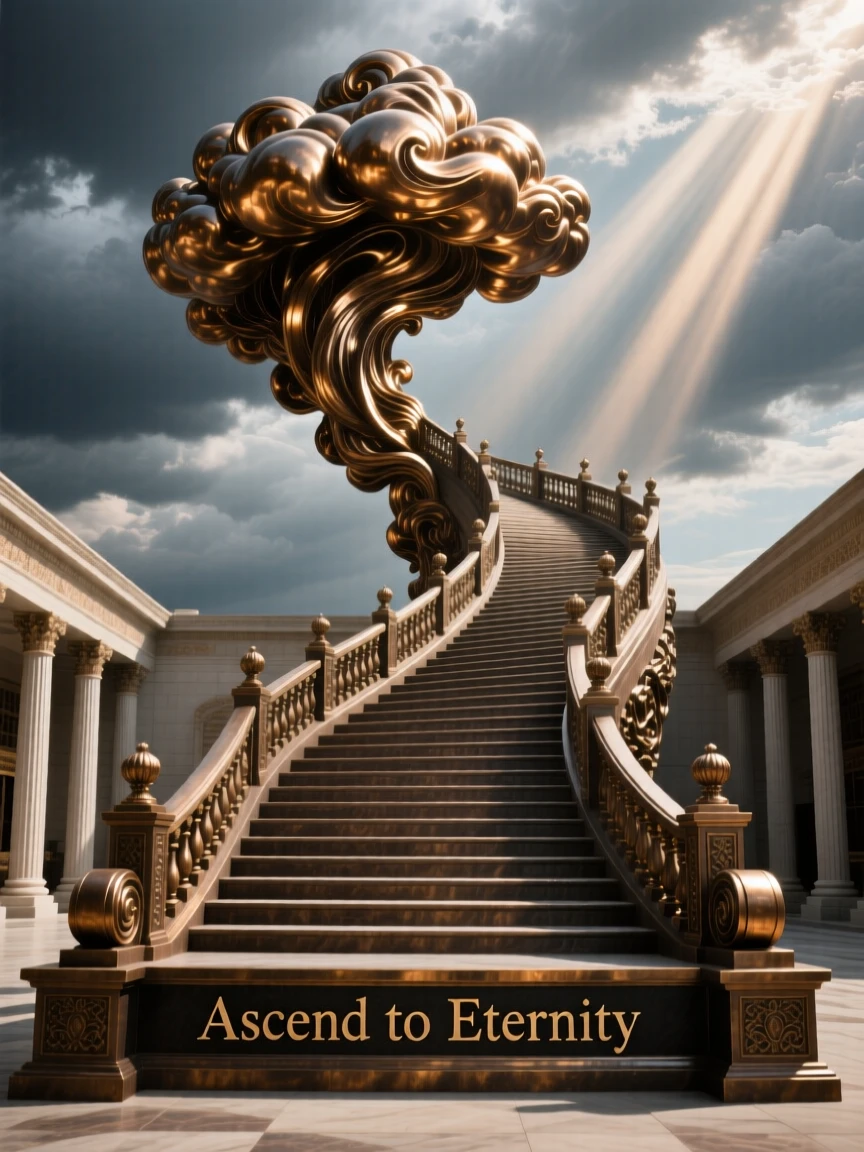 A grand temple staircase ascending toward the clouds, framed by a dramatic sky, exuding timeless grandeur