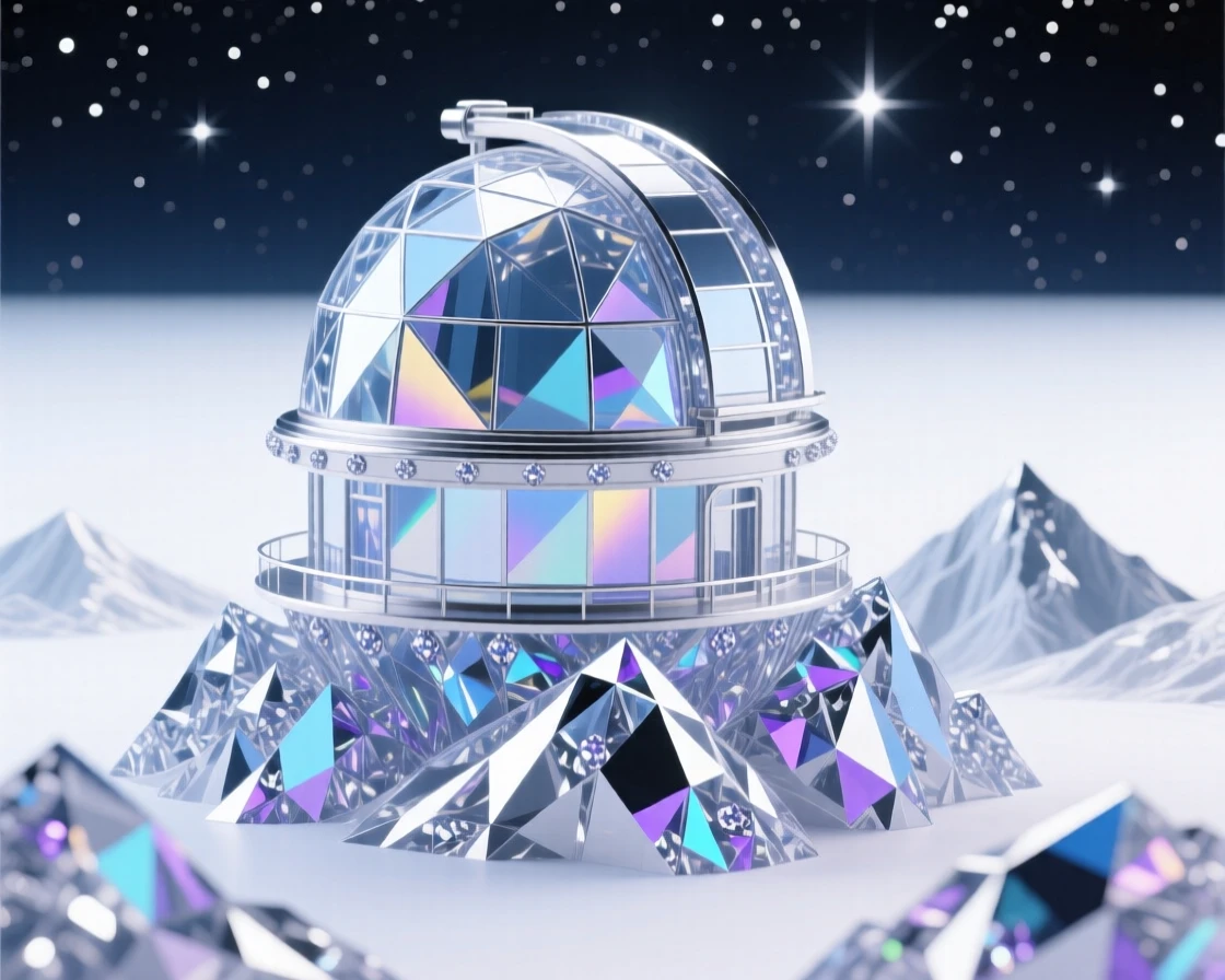 A futuristic glass observatory dome overlooking a starlit mountain range.