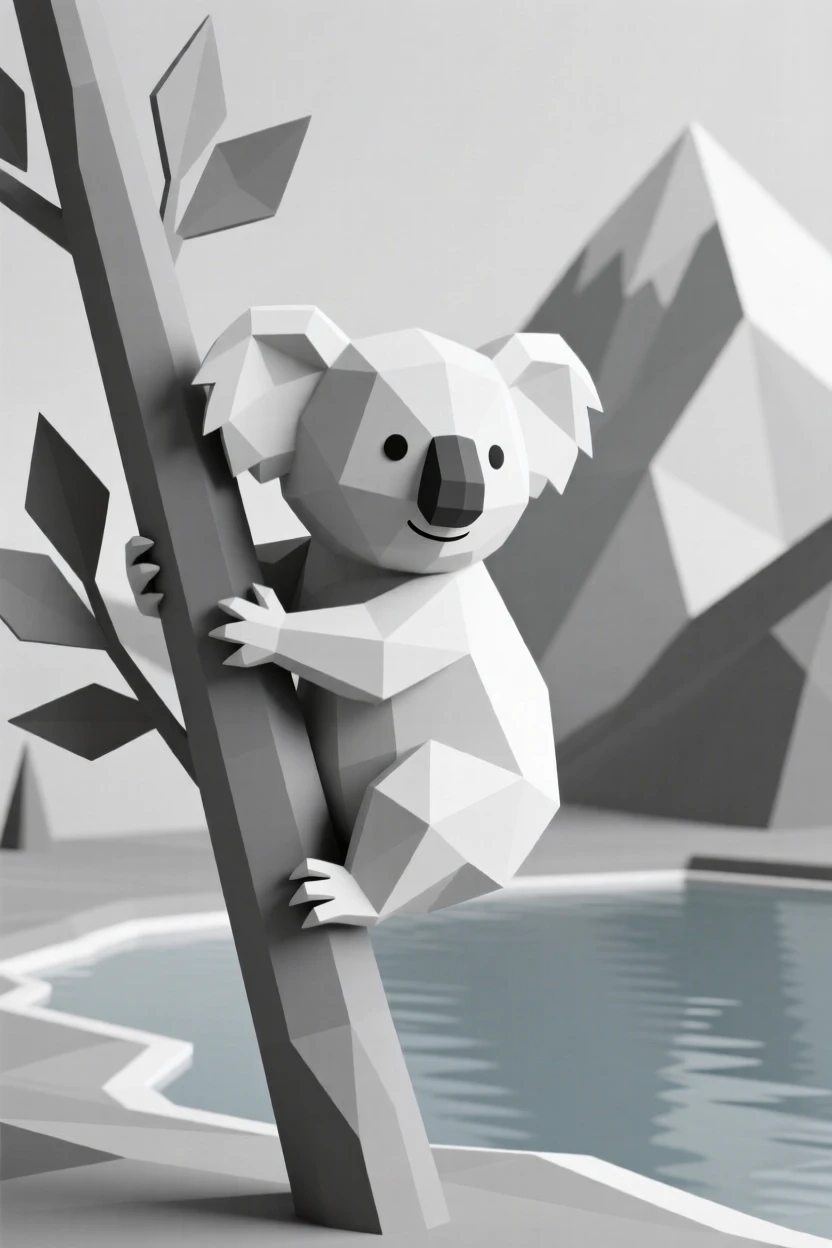 A koala clinging to a eucalyptus branch, beside a crystal-clear mountain lake. soft natural light highlights every texture. The scene feels calm and majestic.