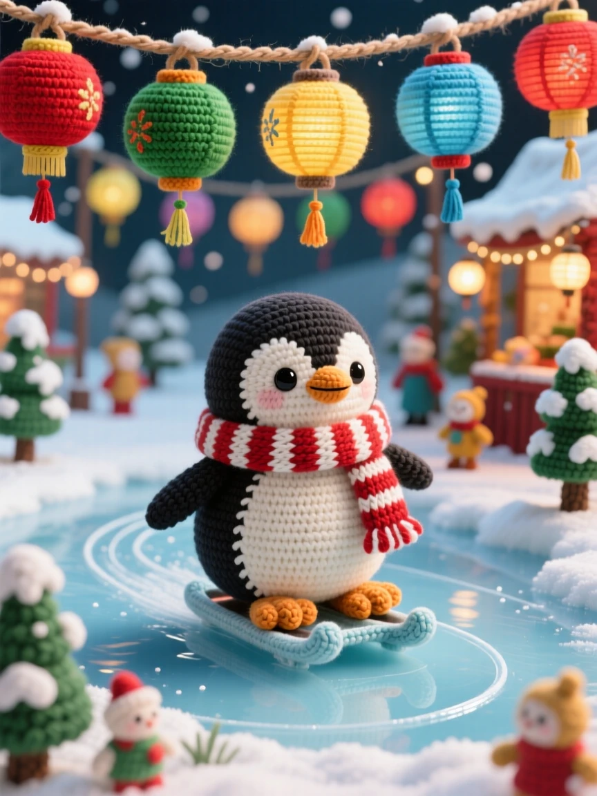 a cheerful winter penguin wearing a scarf, sliding on its belly, gliding across a frozen pond, set in a festival street strung with colorful paper lanterns, with a cluster of paper lanterns swaying gently, full of cozy holiday warmth and togetherness.