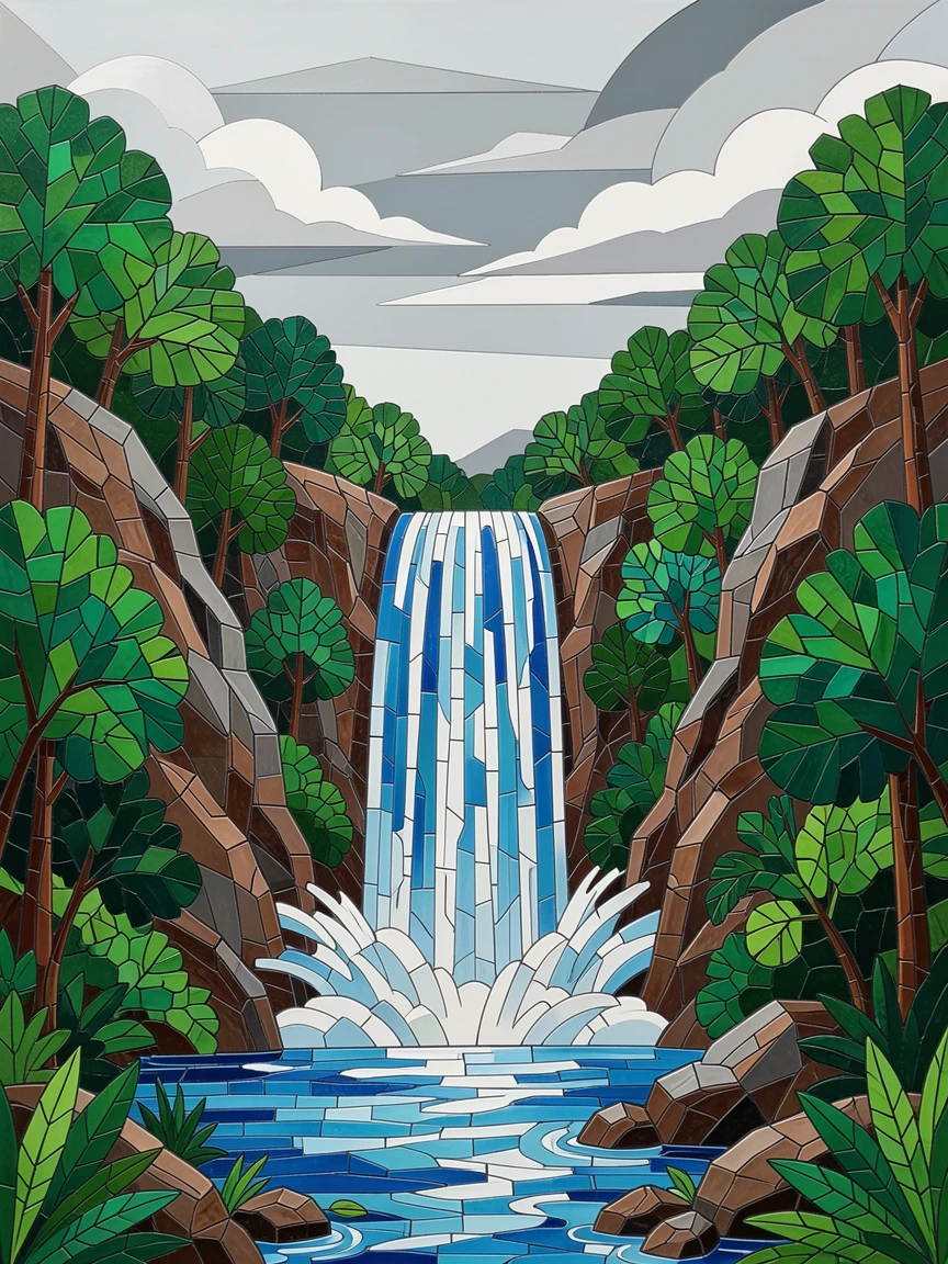 A wide panoramic view of a dramatic waterfall cascading through a lush green rainforest canyon, with dramatic clouds and rich natural color.