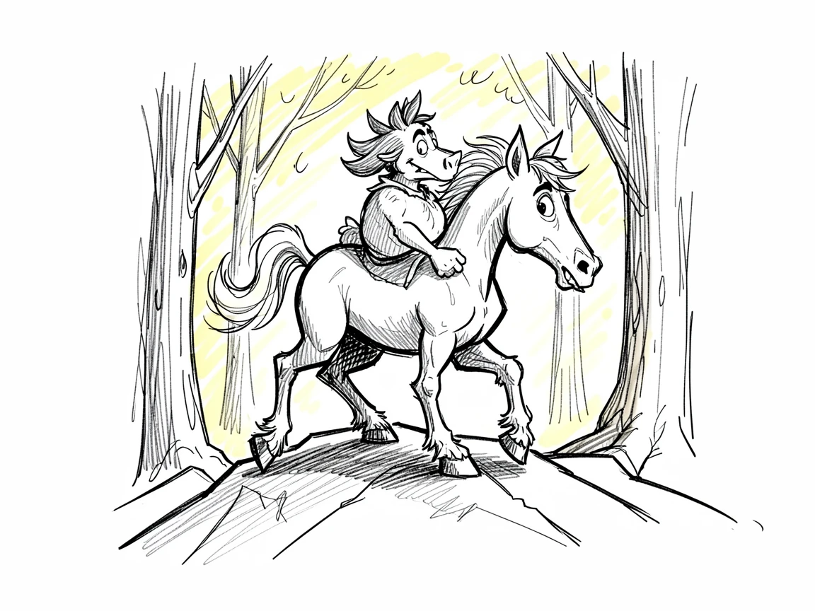 A centaur walking through a sunlit forest atop a snowy peak.