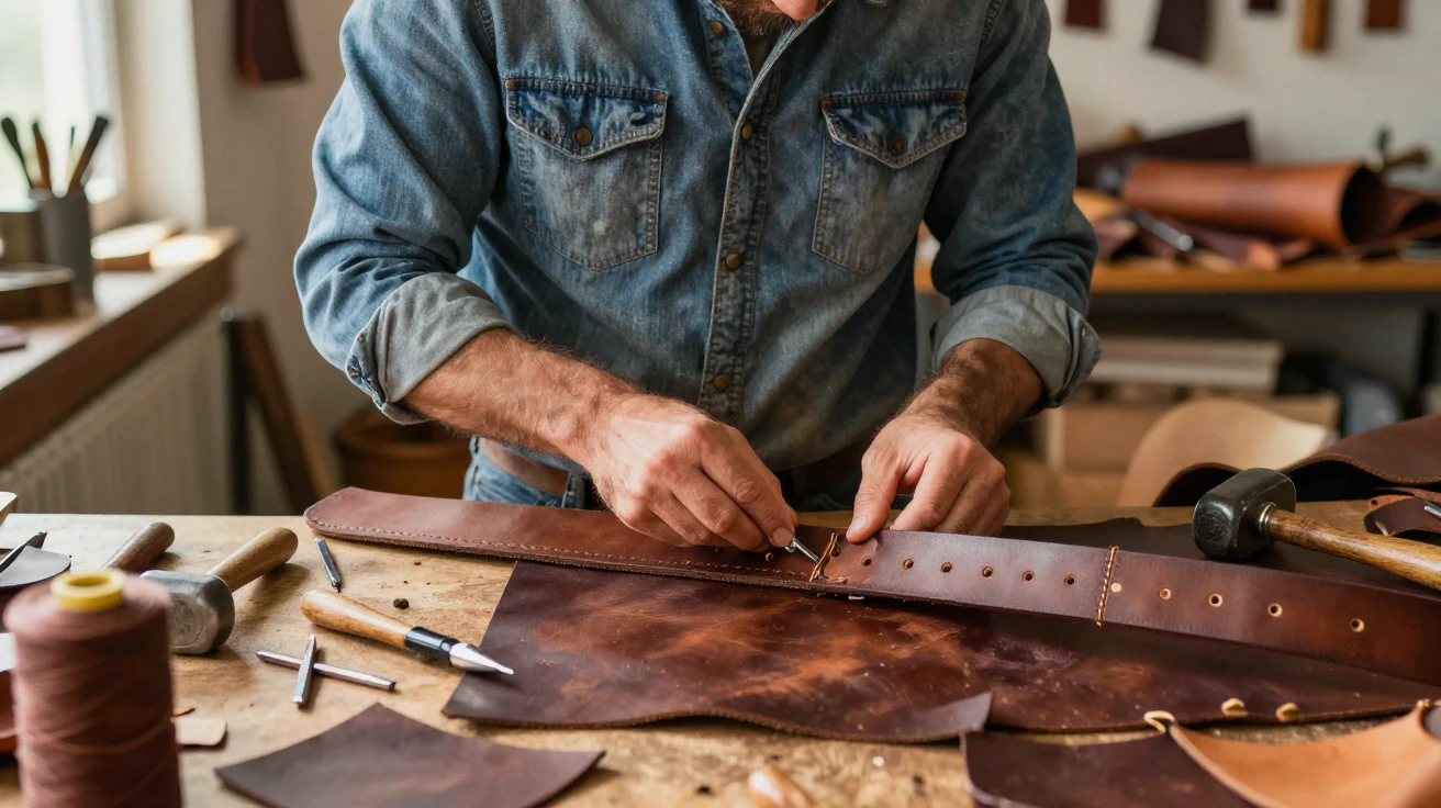 A leatherworker punches holes evenly along the edge of a new belt.
