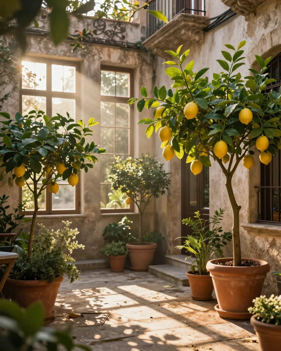 A charming courtyard filled with potted lemon trees as morning light spills through the windows