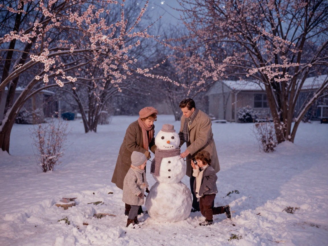 A family building a snowman together in a snow-covered yard, under a canopy of stars, amid gently falling snow, as spring blossoms unfurl, in soft muted pastels, shot from directly overhead.
