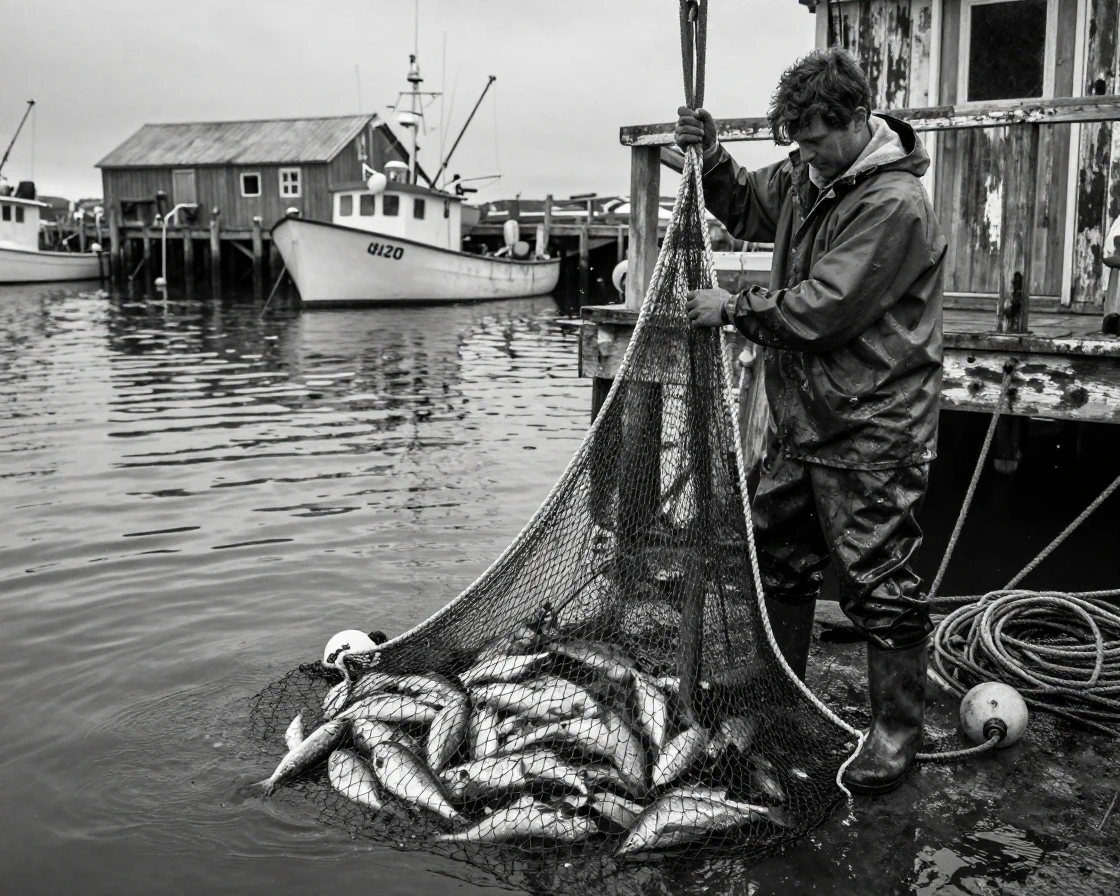 A fisherman hauls in a net full of fresh catch off a small coastal harbor.