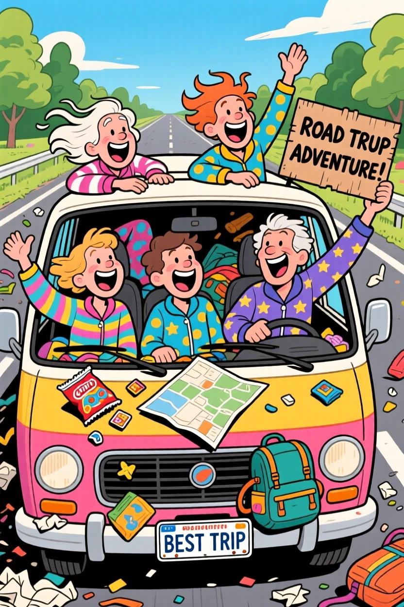 A heartwarming scene of a group of lifelong friends taking a chaotic road trip with the windows down, with warm smiles and matching pajamas.