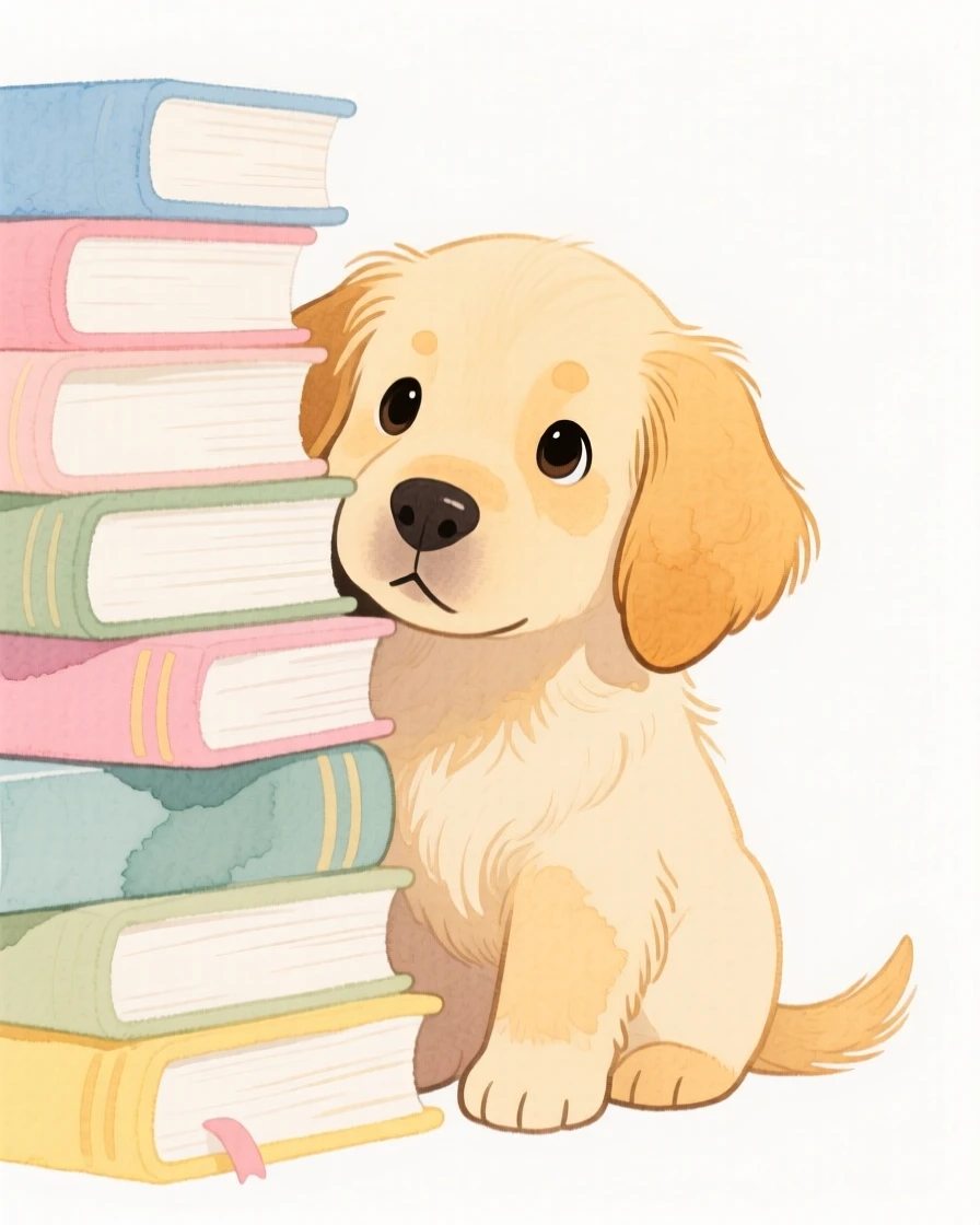 A golden retriever puppy peeking out from behind a stack of books