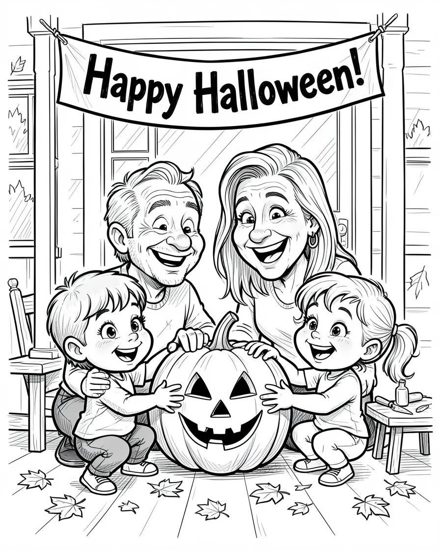 [Seasonal Holidays & Celebrations] Festive scene of a family carving a jack-o-lantern together on the front porch, full of celebration and joy