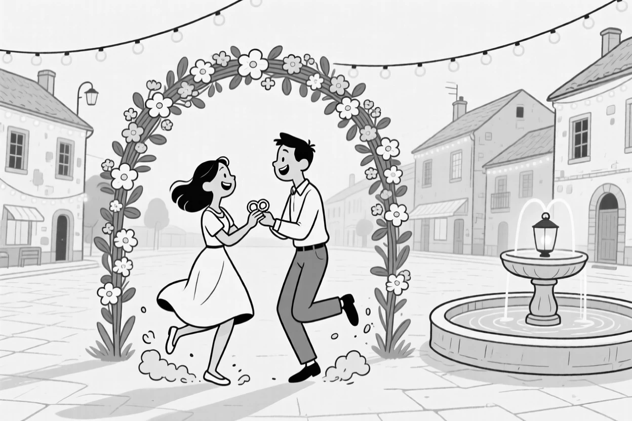 A couple exchanging rings under a flower-draped arch, kicking up dust with joyful, rhythmic footwork, set in a village square lit by string lights. Soft lantern light reflects off a nearby fountain. The image feels like a snapshot of pure, collective happiness.