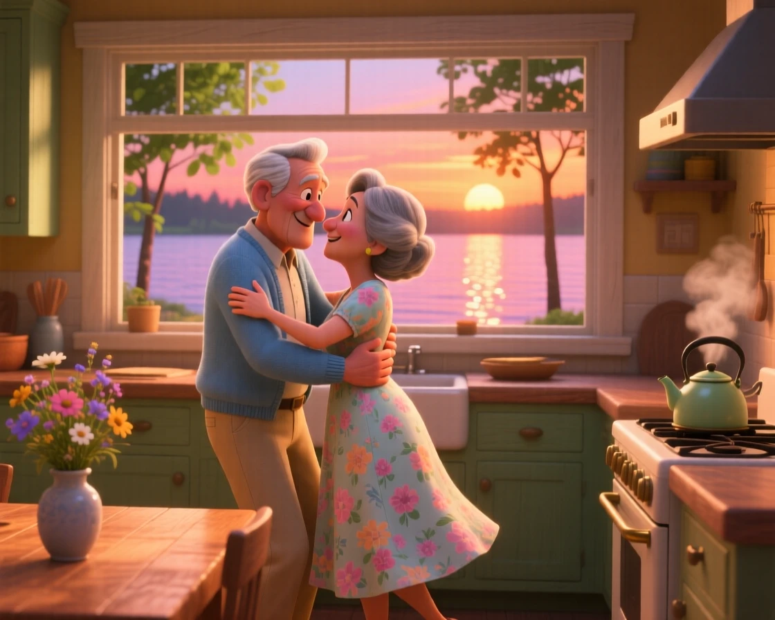 An elderly couple dancing slowly in their kitchen unfolds beside a calm lake at sunset, with a gentle breeze rustling nearby leaves. A heartfelt sense of happiness fills the moment.