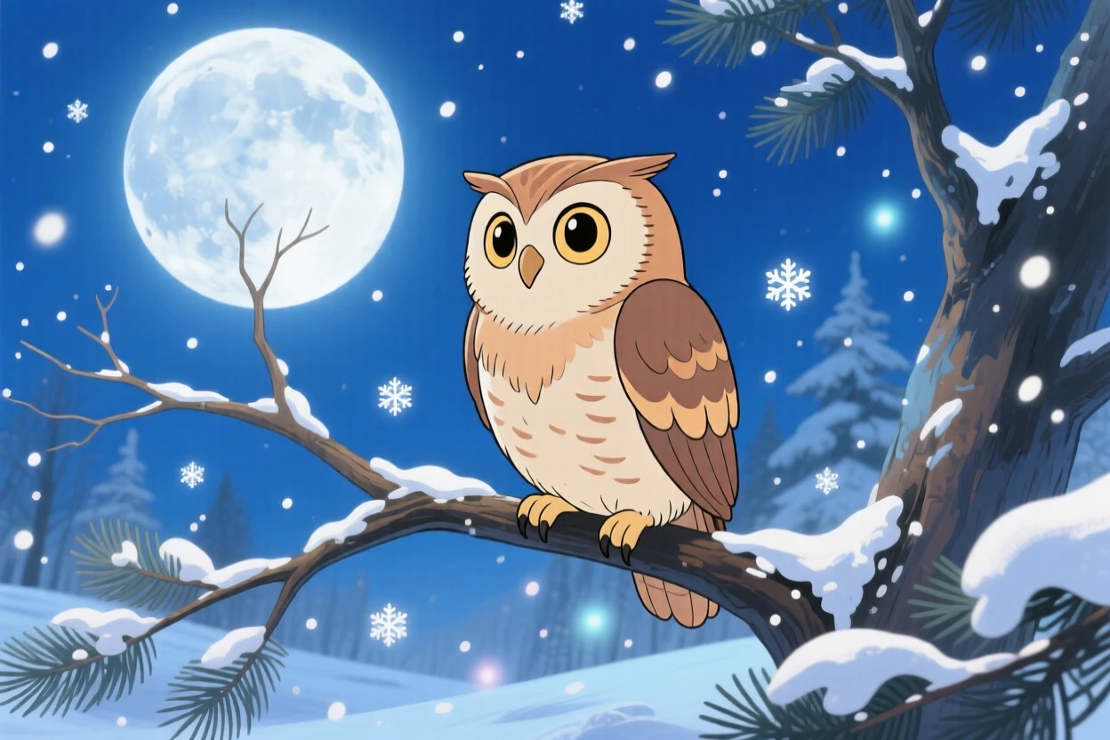 An owl perched on a moonlit branch, as gentle snow drifts down around it, radiating pure charm.