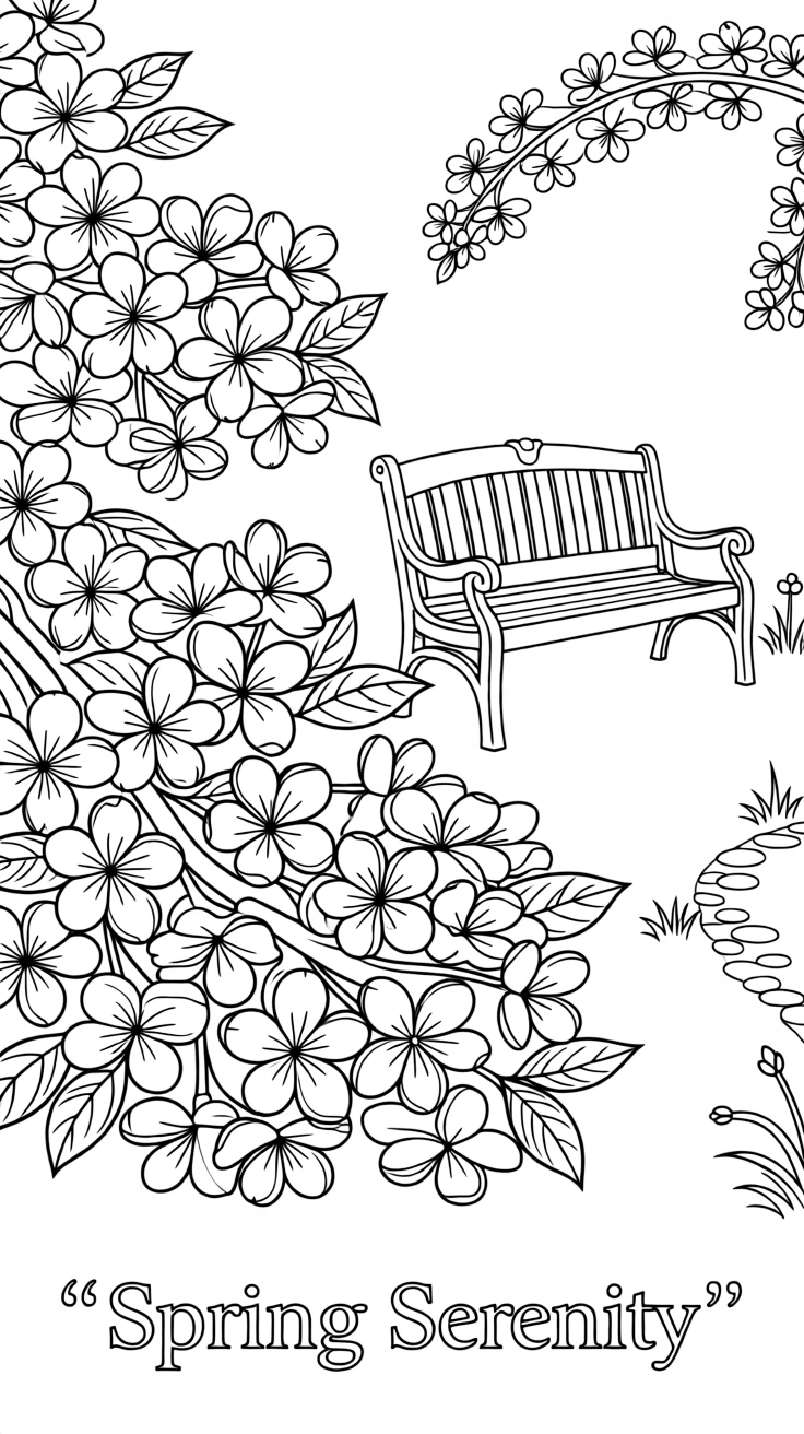 A cluster of cherry blossom branches in full bloom, with a garden bench softly visible in the background.
