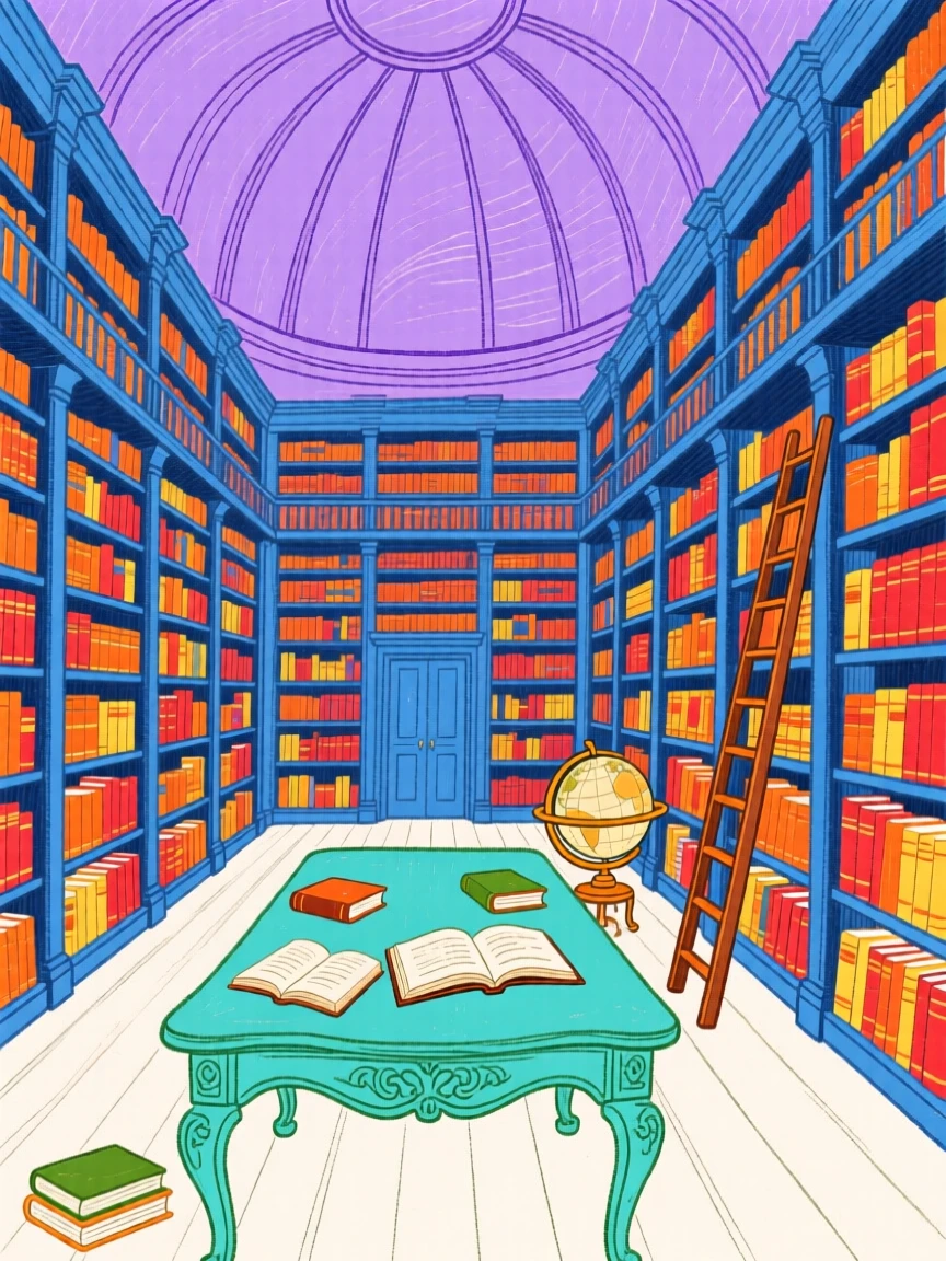 A grand library with soaring shelves and a domed ceiling.
