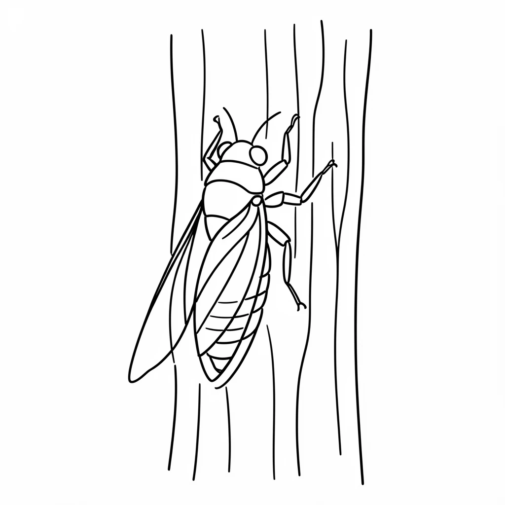 A cicada clinging to the bark of a tree in late summer