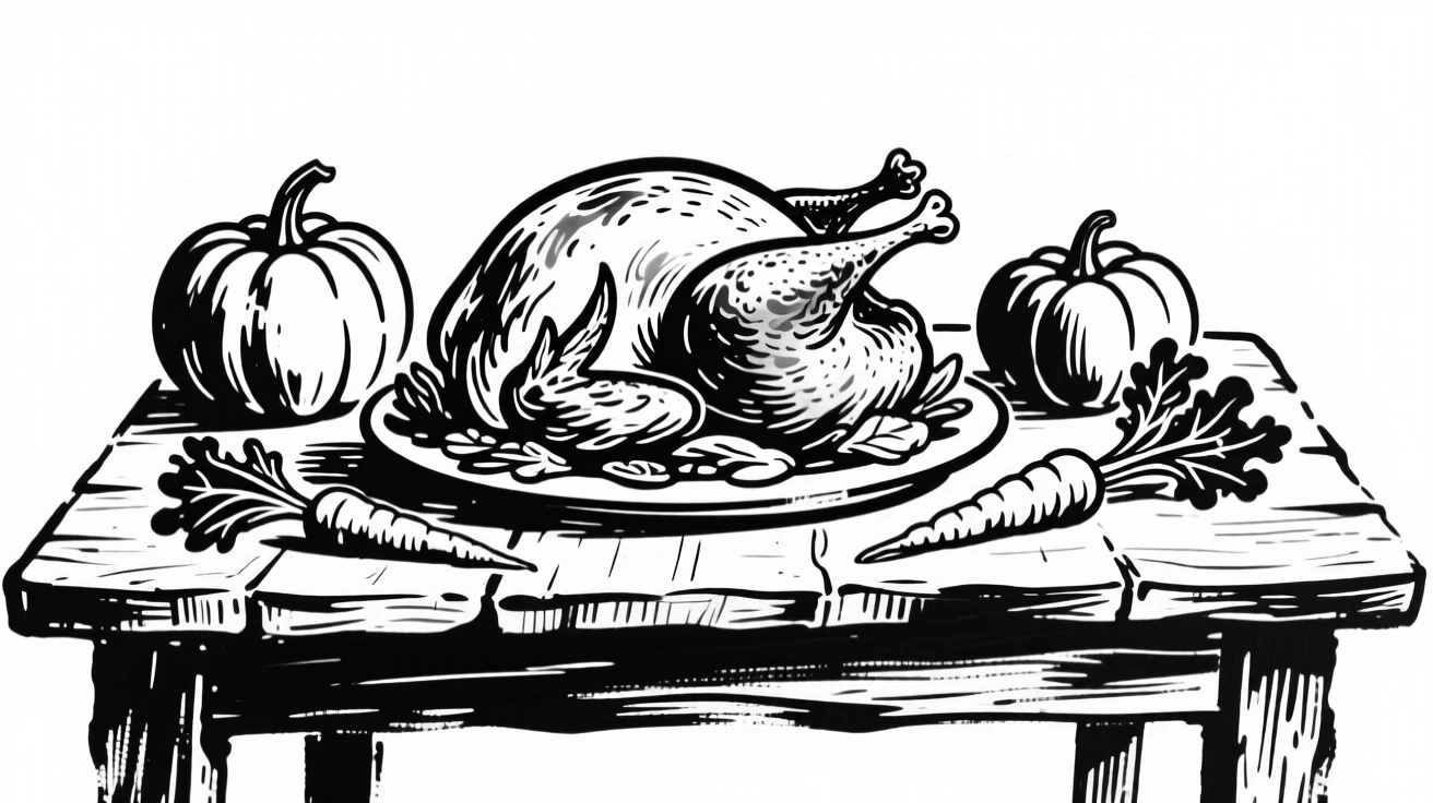 A rustic table set with a roasted turkey surrounded by seasonal vegetables.