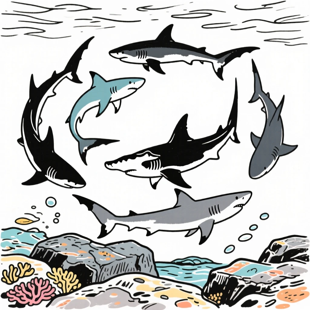 A school of hammerhead sharks circling above a rocky reef.