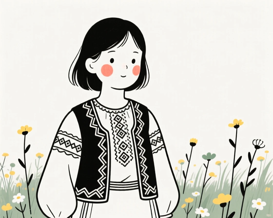 A young girl of Italian heritage wearing a Turkish embroidered vest, glowing with nostalgia, in a field of wildflowers.