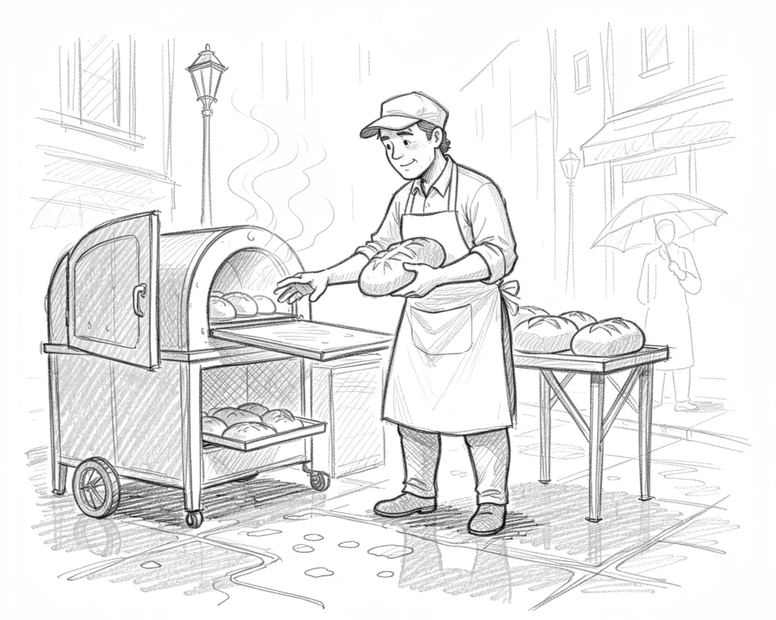 A candid slice-of-life scene of a baker pulling fresh bread from the oven on a rain-slicked city street, with warm steam rising gently.