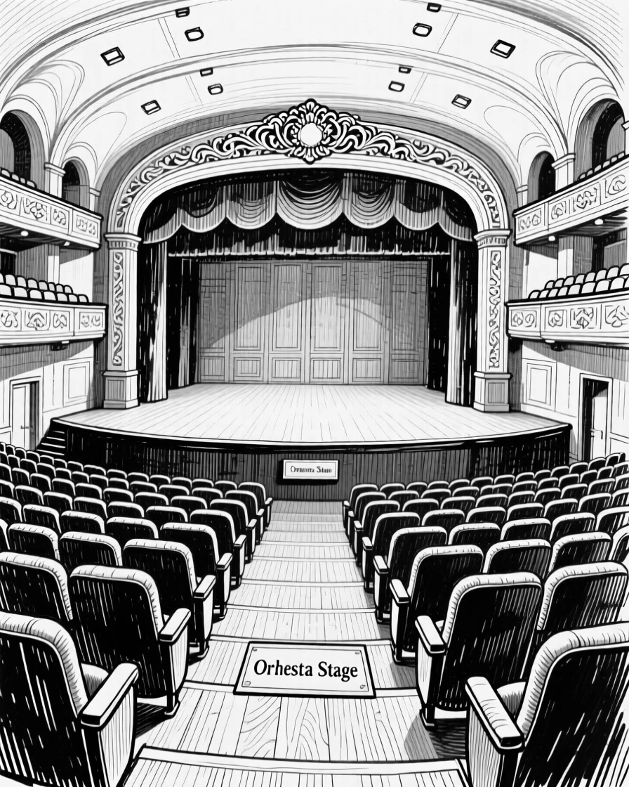 A grand concert hall interior with tiered seating and an empty orchestra stage.