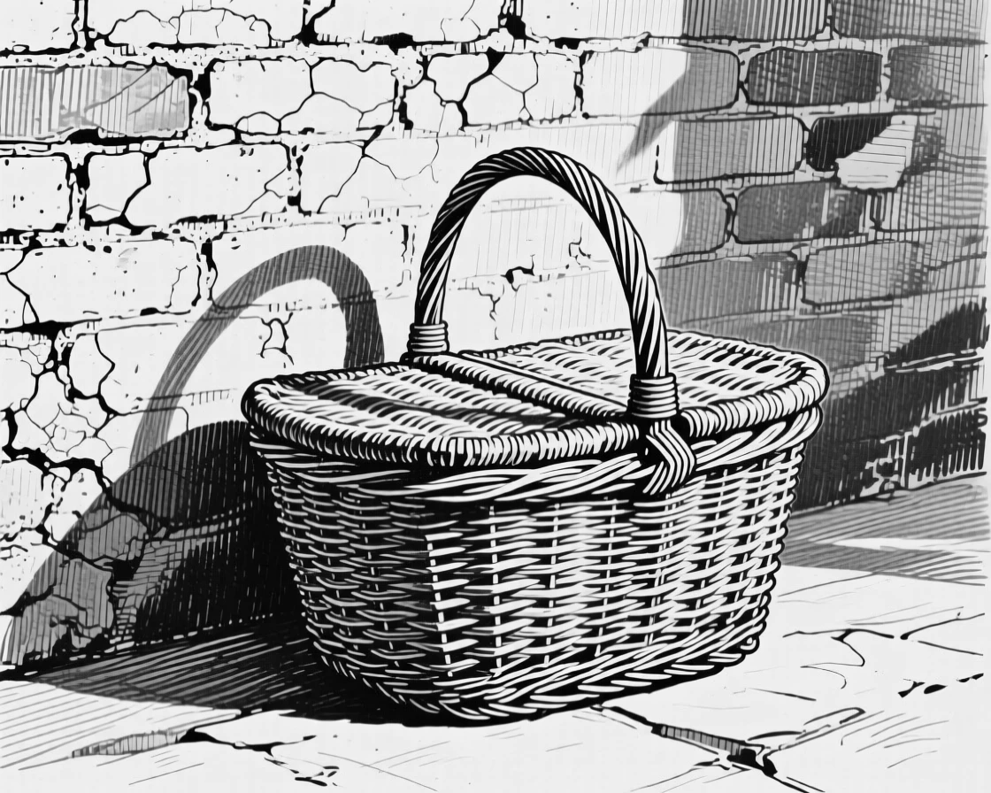 A wicker picnic basket set against a weathered brick wall, with warm afternoon light casting long shadows, forming a quietly nostalgic still-life study.