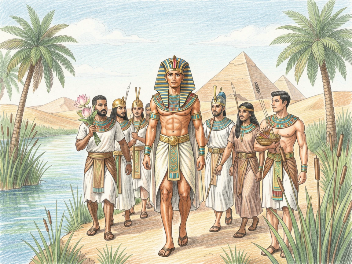 An Egyptian pharaoh's procession along the banks of the Nile, with careful attention to period-accurate clothing and setting, celebrating the beauty and richness of world history.