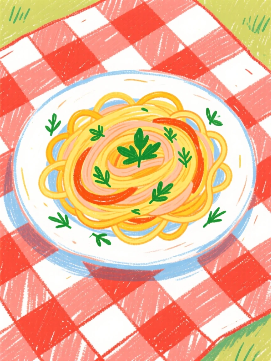 A plate of fresh pasta with herbs resting on a checkered picnic blanket.