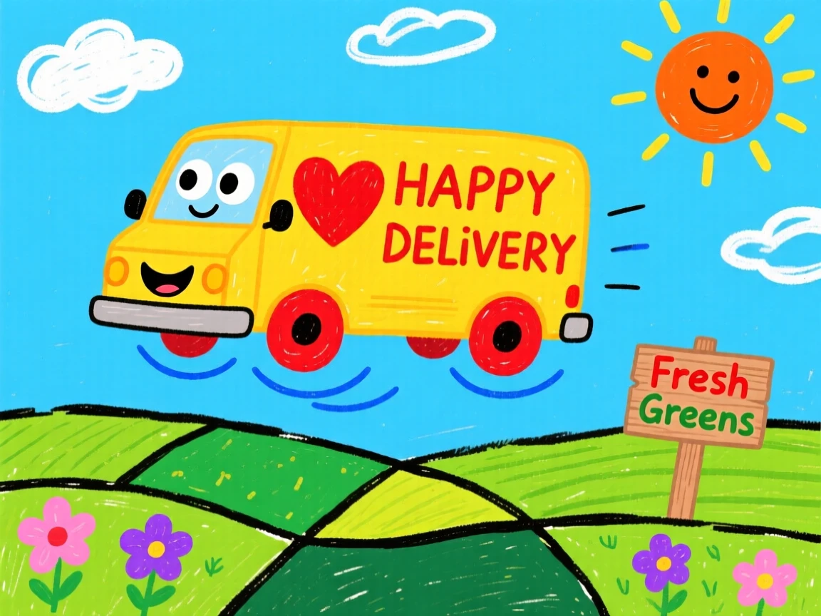 A friendly delivery van floating above a patchwork of green fields.