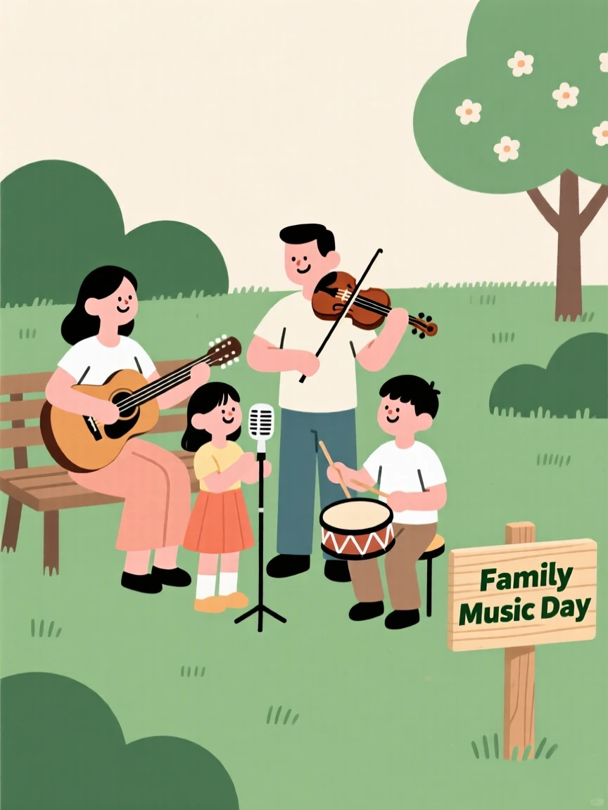 A family playing music together in the garden.