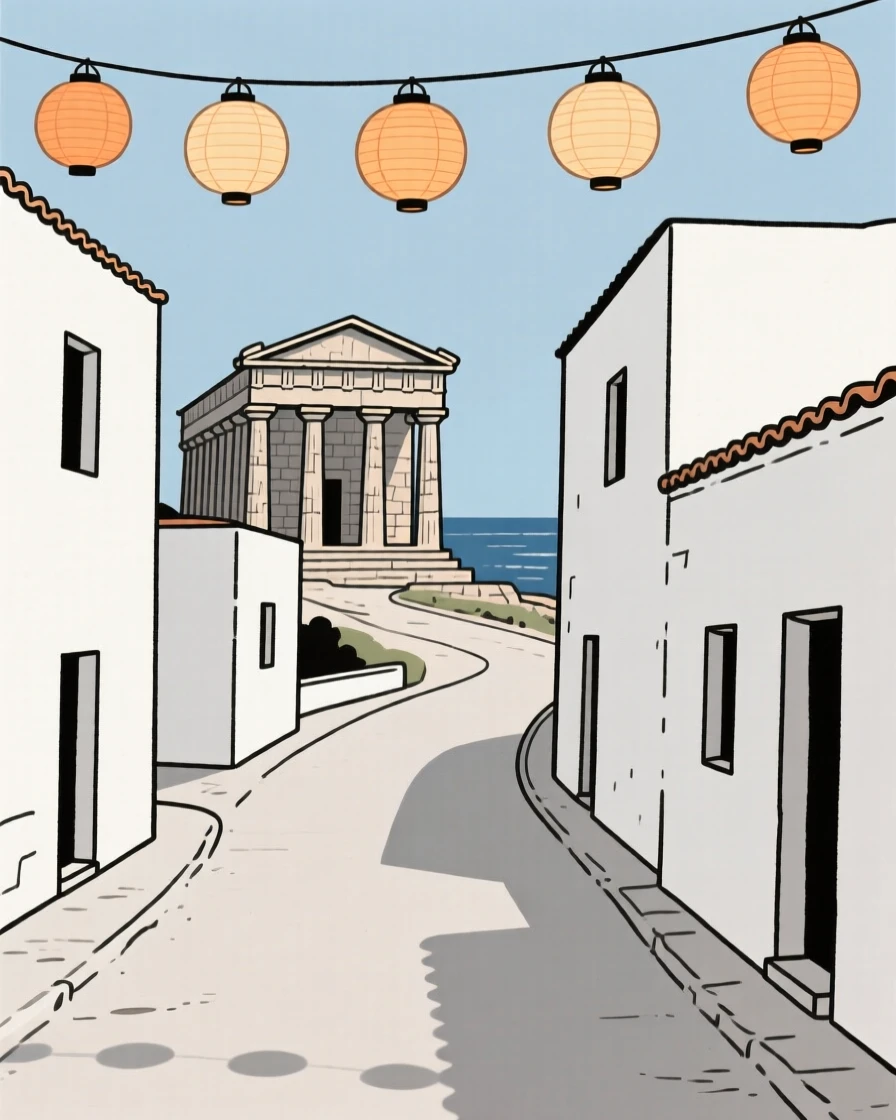 A journey through a coastal Mediterranean town toward an ancient stone temple, passing strings of paper lanterns, full of wanderlust.