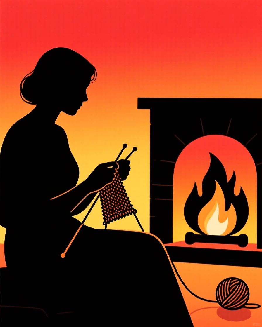 A knitter working yarn between two needles beside a warm fireplace.