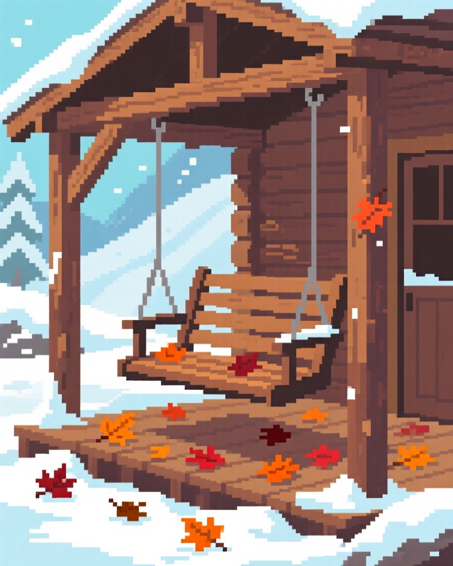 A covered porch swing scattered with autumn leaves blown in from outside, inside a snowbound mountain cabin.
