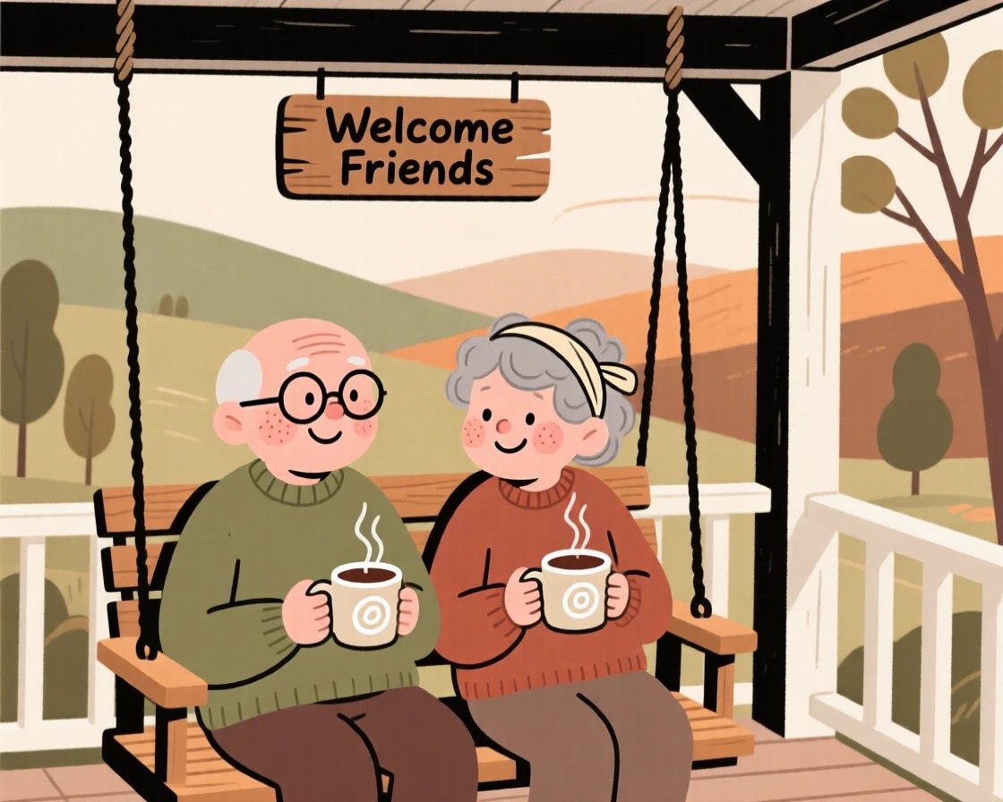 Two old friends sit on a porch swing overlooking the rolling hills, sharing mugs of hot cocoa and easy laughter as a gentle breeze stirs the trees.
