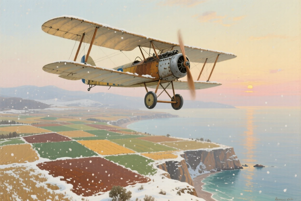 A centered composition of an old biplane soaring above patchwork fields, along the Turkish coast, in the pale light of early evening, in gentle falling snow.