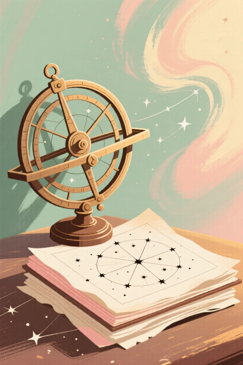 An antique astrolabe displayed beside a stack of star charts