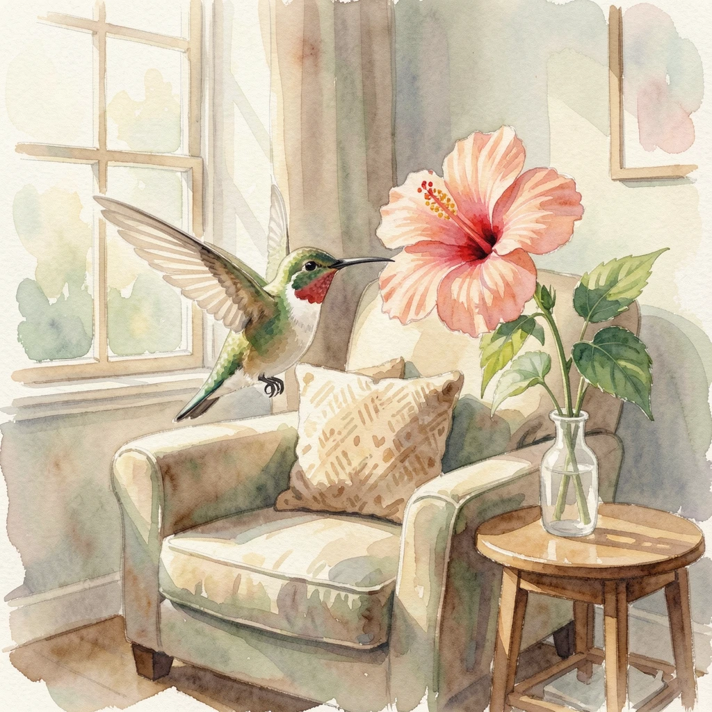 A hummingbird hovering near a flower in a cozy living room.