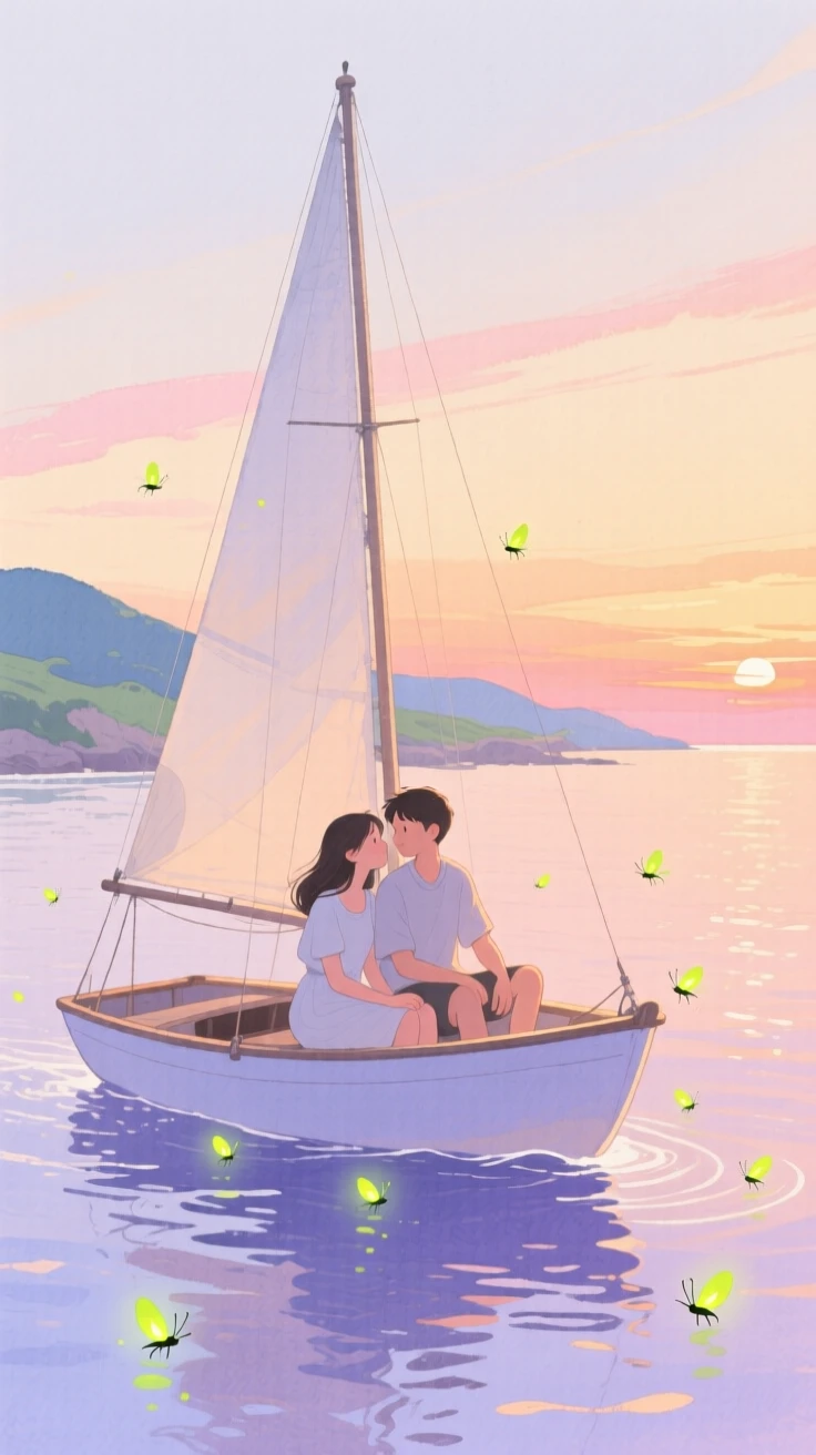 A tender moment of a sunset sail along the coast, as fireflies begin to glow around them, capturing quiet affection between two people