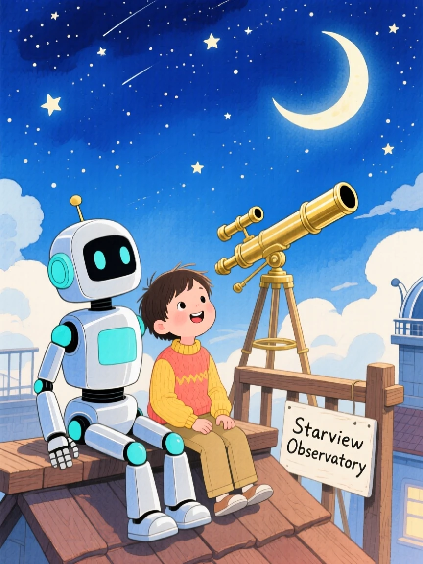A dazzling view of a robot and child stargazing from a rooftop observatory.