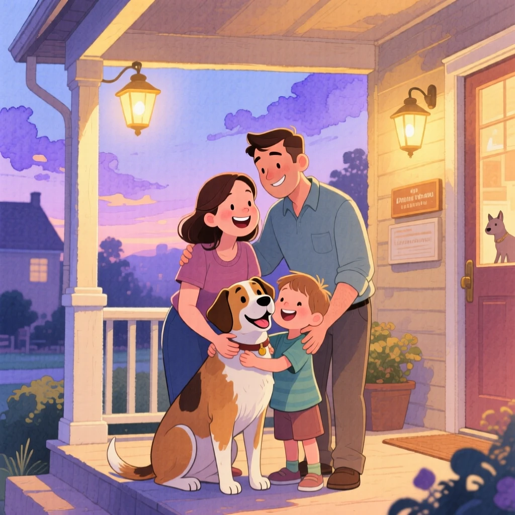 A rescued shelter dog being adopted by a joyful family at the shelter, framed by warm porch light at dusk, radiating kindness, hope, and heartfelt emotion.