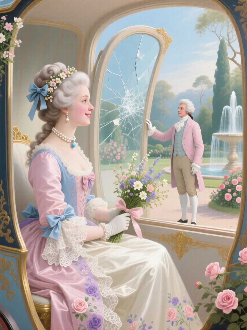 A lady looking back from a carriage window toward her beloved  