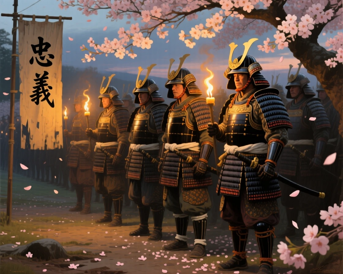 Samurai warriors standing in formation beneath cherry blossom trees, as warm candlelight or torchlight fills the surrounding space, capturing the grandeur and detail of a bygone era