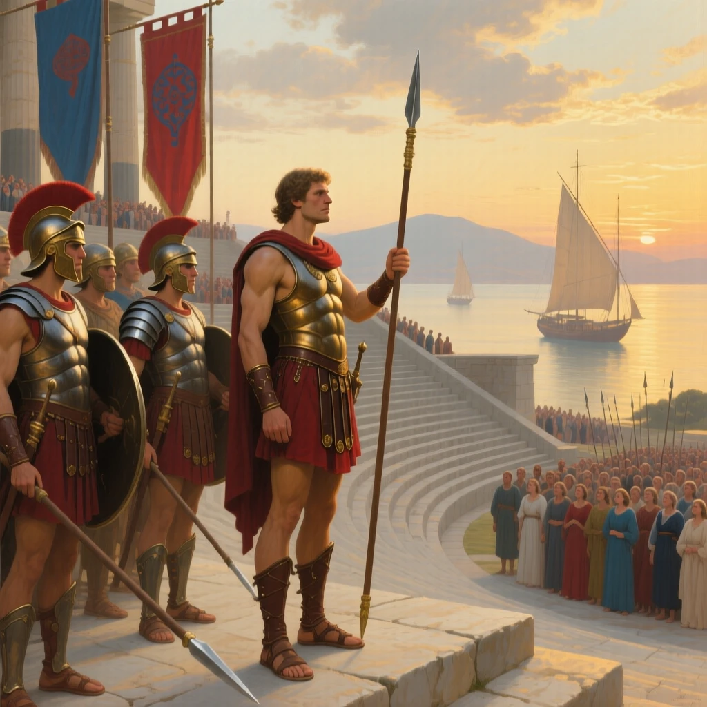 A band of Spartan warriors bidding farewell to their families at dawn as golden light breaks through the clouds above, set on the steps of a grand amphitheater filled with spectators, with distant ships and mountains fading into a golden haze; diagonal lines of spears and banners lead the eye to the central figure, radiating triumph tempered by solemn sacrifice.