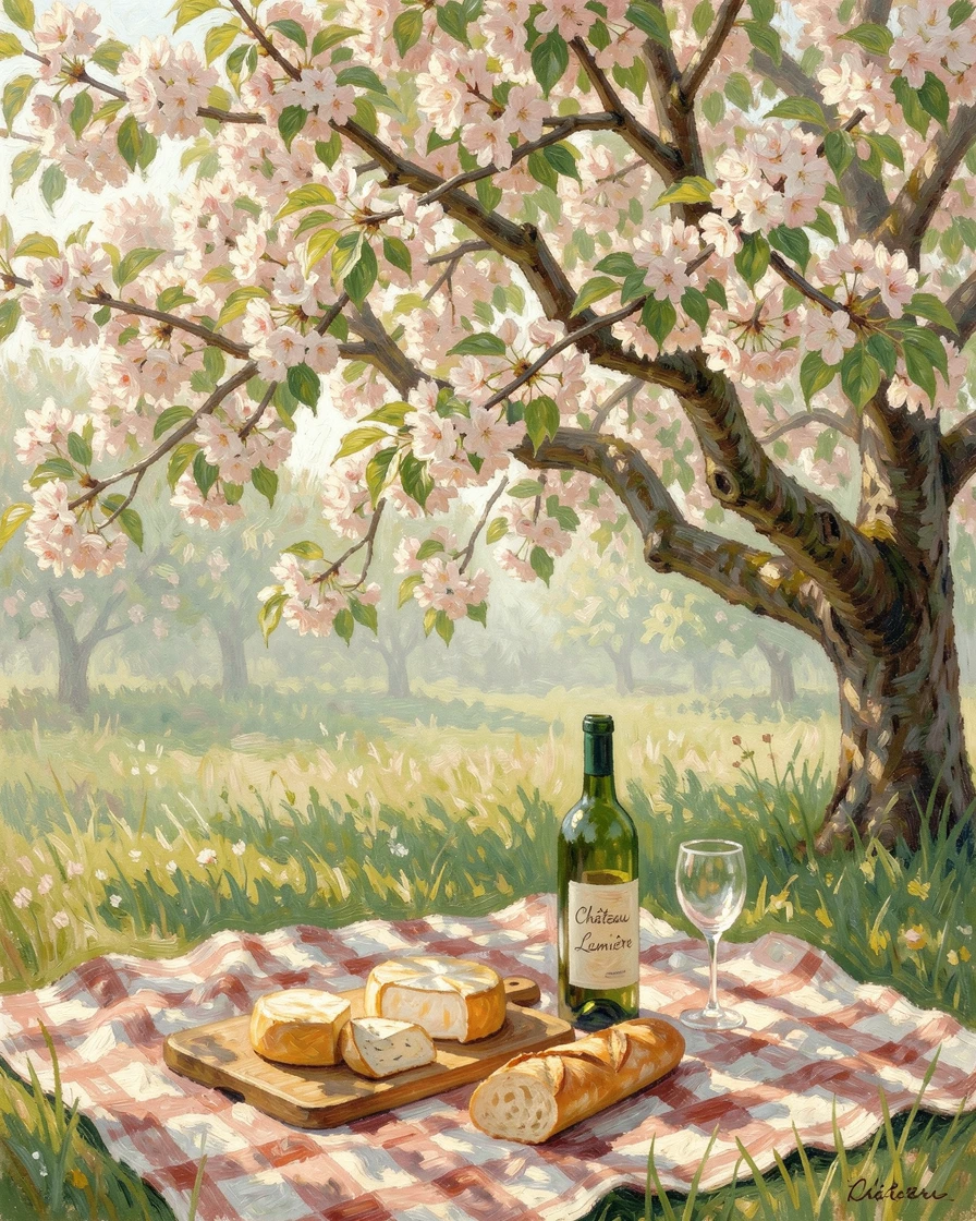 A rustic wine and cheese picnic laid out on a checkered blanket beneath a blossoming orchard tree, in the lush green of midsummer, radiating serenity and gentle stillness.