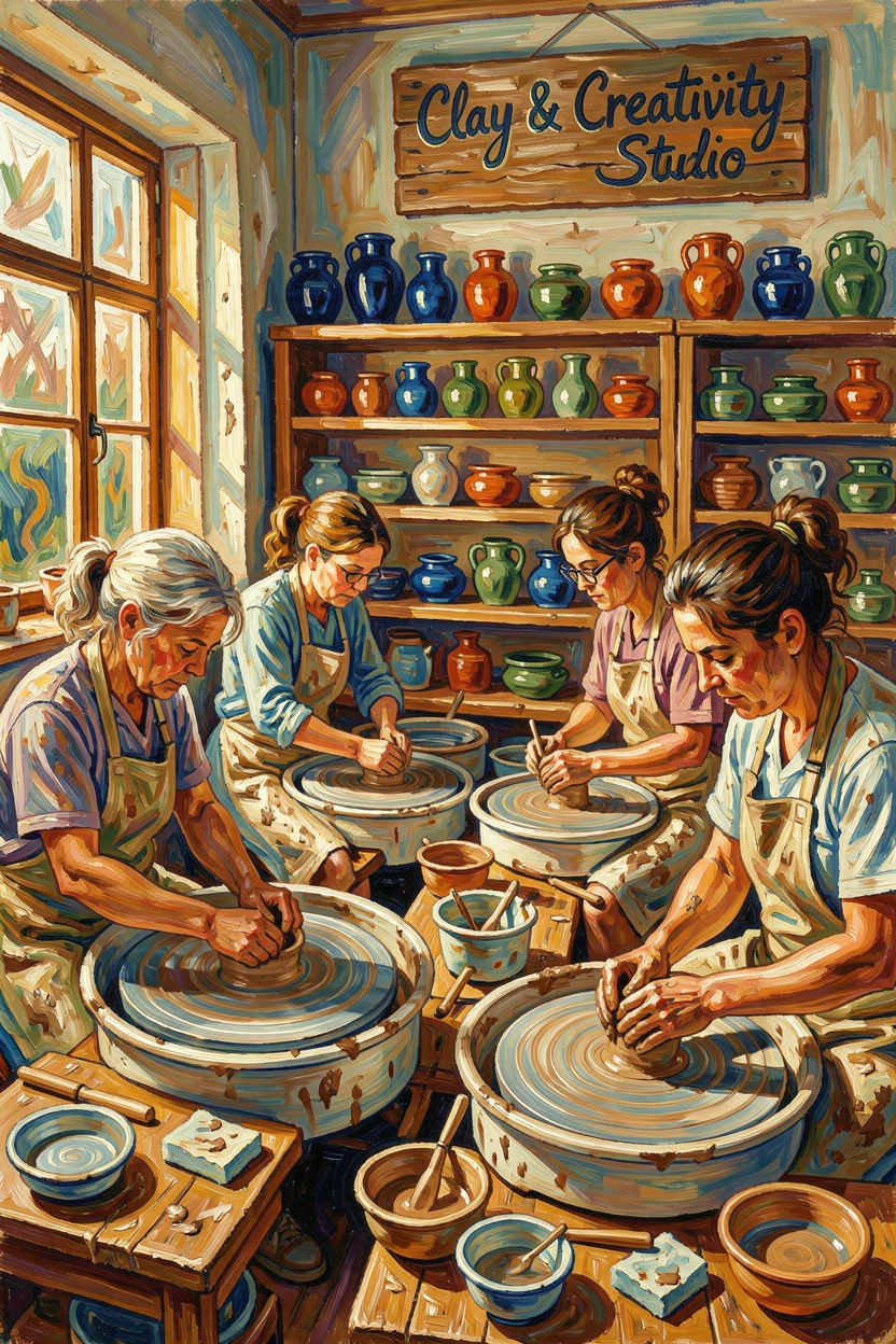 A busy pottery studio with several artists shaping clay at their own wheels.