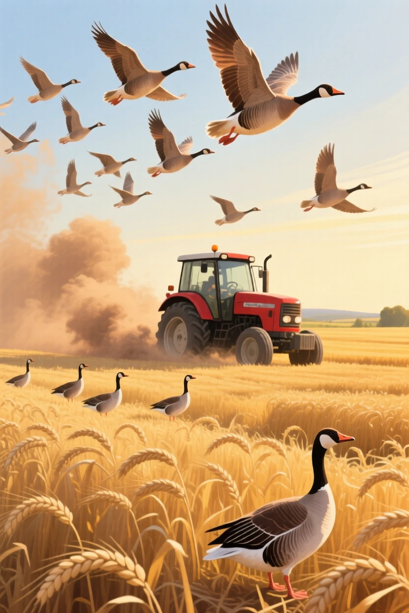 A flock of geese flies low over a golden wheat field at harvest time, a tractor visible in the distance kicking up dust, other members of its group visible nearby, reinforcing the social nature of the scene.