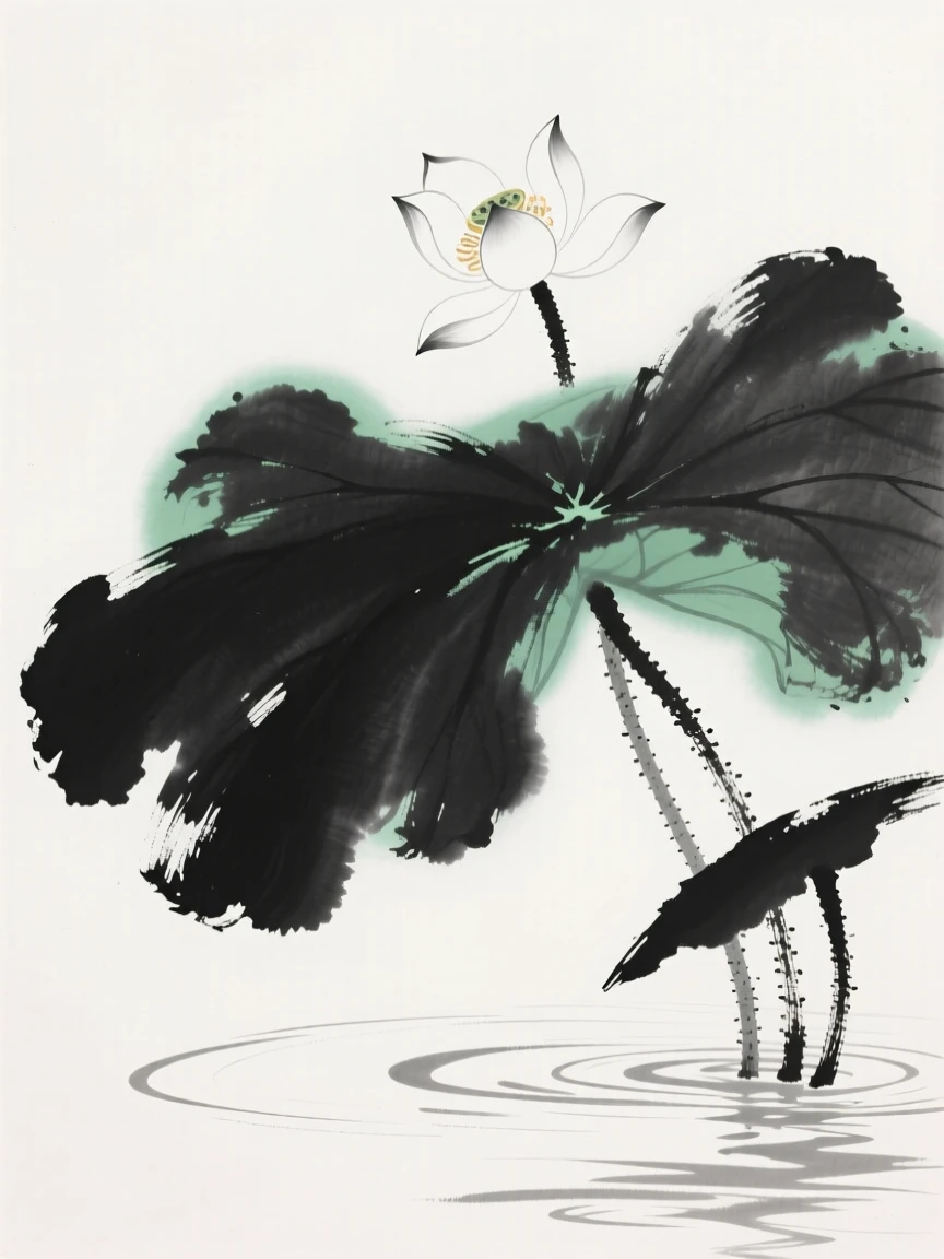 A single white lotus rises above a cluster of broad green leaves, as ripples spread slowly across the still water.