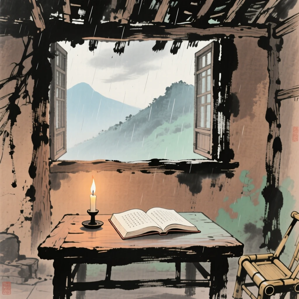 A single candle burning beside an open book in a mountain hut, beneath a sky washed clean by rain, at midday.