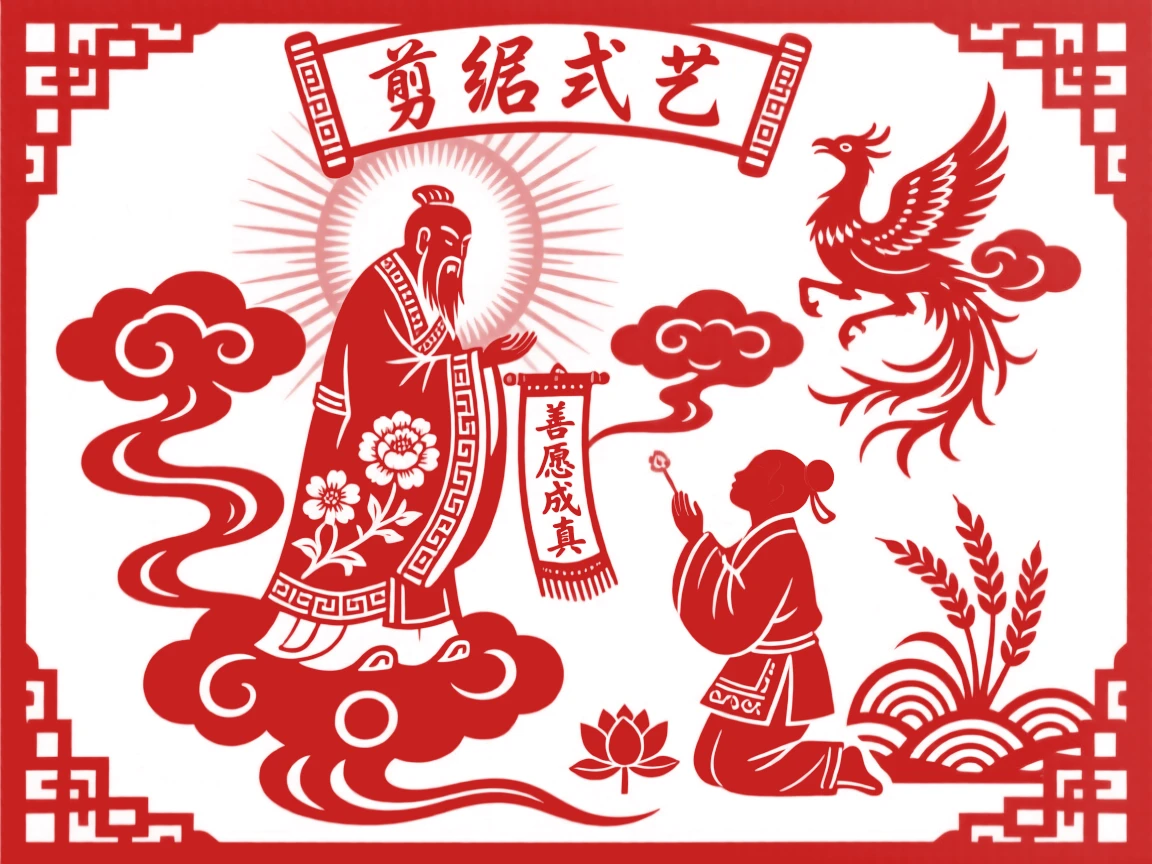 A cloud-riding sage, granting a wish to a kneeling villager, surrounded by a halo of golden light.