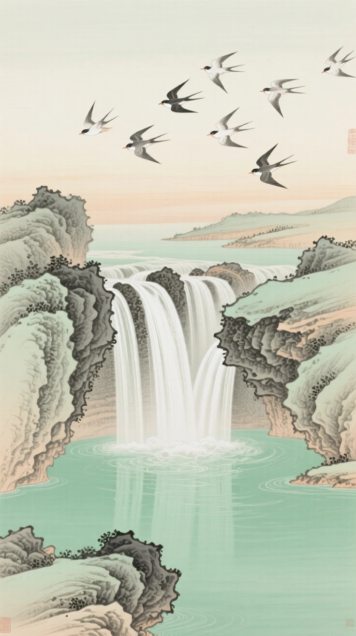 A waterfall cascading into a jade-green pool, with a flock of birds crossing the pale morning sky